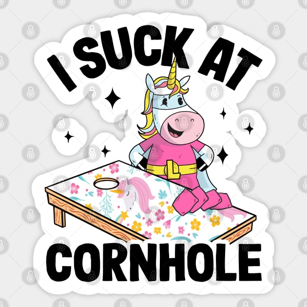 I Suck At Cornhole Loser Funny Sarcastic Joke Pink Unicorn Sticker by Kuehni